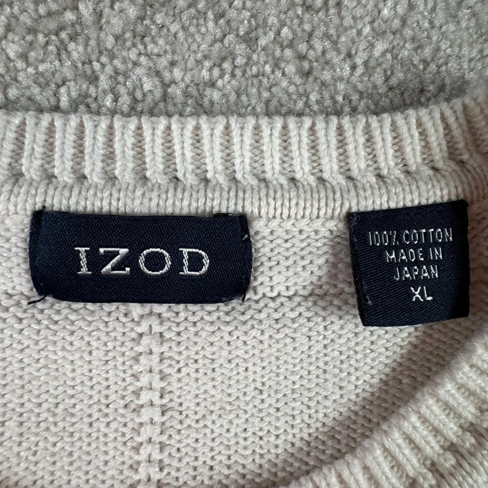 IZOD Mens XL Off White Textured Windowpane Cotton Crewneck Sweater Made in Japan